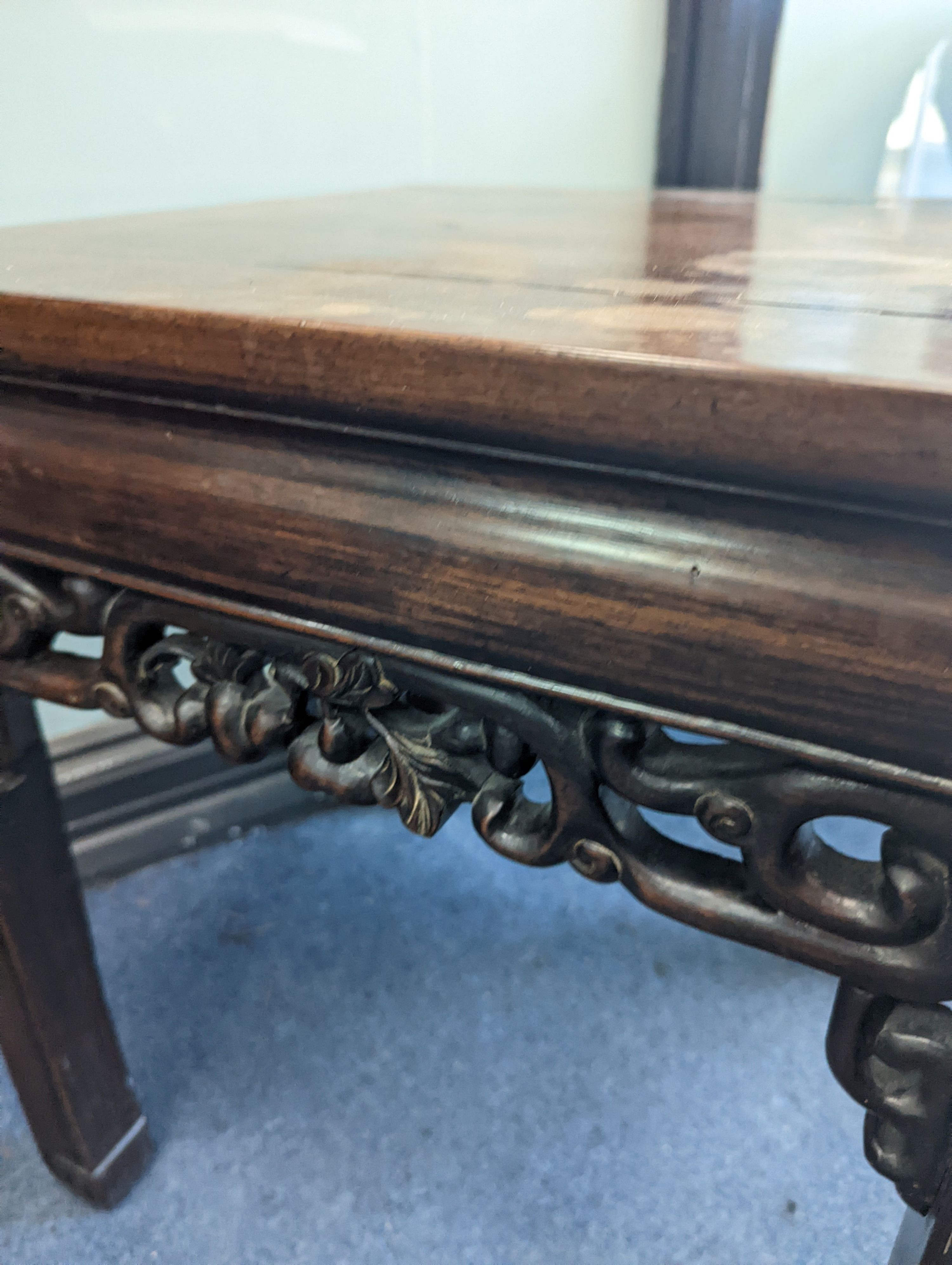 A pair of Chinese hardwood square top tables, 48cm, height 51cm